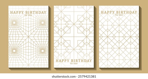 Set of luxury birthday cards on a white background. Modern gold and white design. Golden elegant geometric pattern, gold line on light background. Premium design illustration for birthday party.