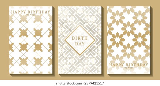 Set of luxury birthday cards on a white background. Modern gold and white design. Golden elegant geometric pattern, gold line on light background. Premium design illustration for birthday party.