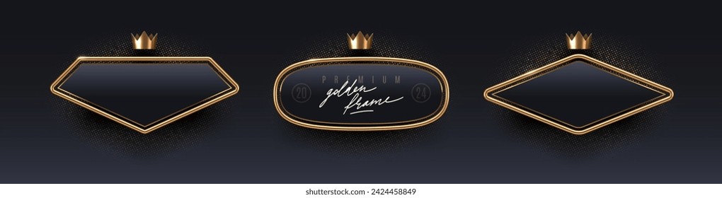 Conjunto de insignias negras de lujo con marcos de metal dorado y corona. Banderas de oro 3d - elementos de decoración para el diseño de identidad, tarjeta de felicitación, cubierta, cartel o invitación. Ilustración vectorial.