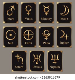 Set of luxury black cards with golden grunge planet symbols.