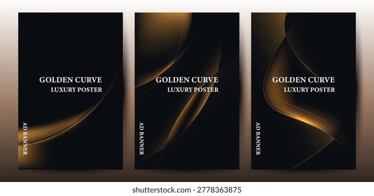 Set of Luxury Black and Gold Abstract Curve Banners with Elegant Wave Designs