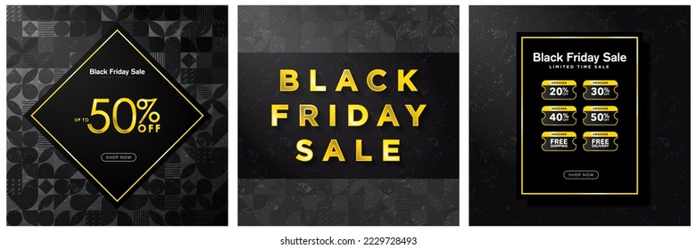 Set of Luxury Black and Gold Black Friday Sale Signs Poster Templates. gold 50% off lettering with shop now button, golden online voucher code templates. Vector Illustration. EPS 10.