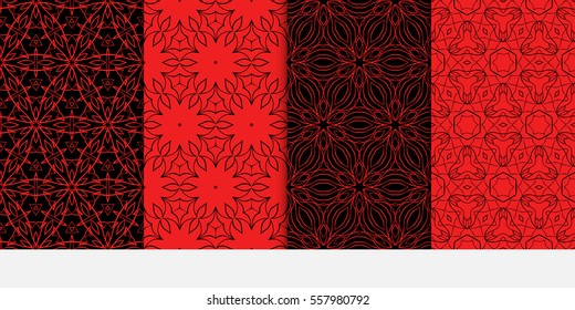 set of luxury black, red color seamless floral decorative pattern. Vector illustration. For invitation, template, wallpaper