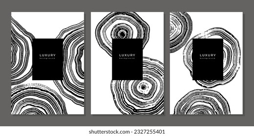 Set of luxury black and white backgrounds with wood annual rings texture. Template with shiny tree ring pattern. Stamp of tree trunk in section. Wooden concentric circles. Grunge background