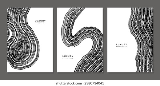 Set of luxury black and white backgrounds with wood annual rings texture. Template with shiny tree ring pattern. Stamp of tree trunk in section. Wooden concentric circles. Grunge background