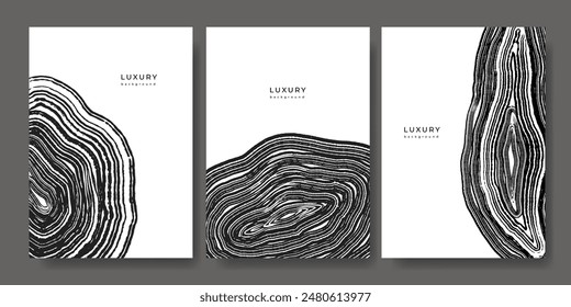 Set of luxury black and white backgrounds with wood annual rings texture. Template with shiny tree ring pattern. Stamp of tree trunk in section. Wooden concentric circles. Grunge background