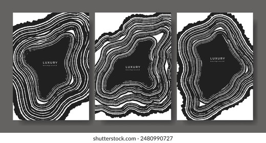 Set of luxury black and white backgrounds with wood annual rings texture. Template with shiny tree ring pattern. Stamp of tree trunk in section. Wooden concentric circles. Grunge background