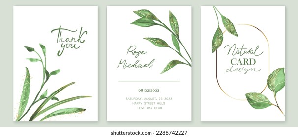 Set of luxury botanical cards, covers. Green and shiny golden leaves, plants on dark green  background. Watercolor textures.