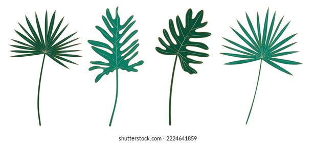 Set of luxury botanical leaves. Collection of tropical green foliage and gold lines. Design for elegant wedding invitation, cover, print, decoration, pattern, background template. Vector illustration.