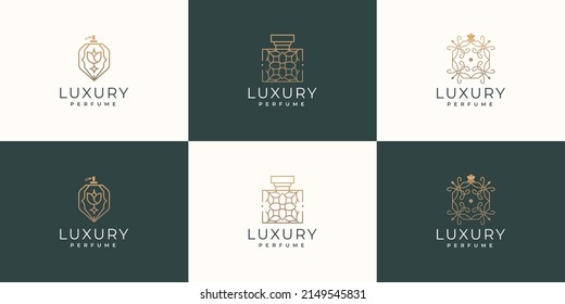 Set Of Luxury Bottles Perfume Logo Design.inspiration With Golden Color,fashion,skincare,collection.