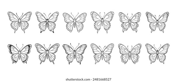 Set of luxury butterfly silhouettes. Collection of insects. Sketch, tattoo, illustration, print