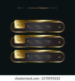 Botón SET de lujo sobre fondo oscuro. Diseño Infográfico Dorado utilizado en opciones y vector de pasos, ilustración