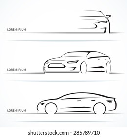 Set Of Luxury Car Silhouettes. Modern Business Sedan In Three Angles. Vector Illustration