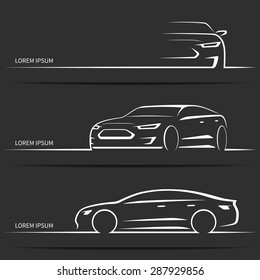 Set of luxury car silhouettes. Modern sports sedan. White linear vector illustration isolated on dark background. 