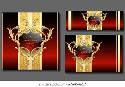 Set of luxury  cards with brown label and golden ribbon on brown background