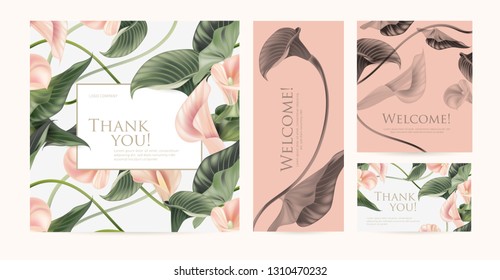 Un conjunto de tarjetas de lujo con palabras de gratitud. Diseño de tarjetas de visita con elementos florales para el hotel, salón de belleza, spa, restaurante, club. Ilustración de vectores