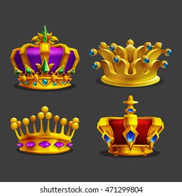 Set of luxury cartoon colorful crown. Vector illustration.