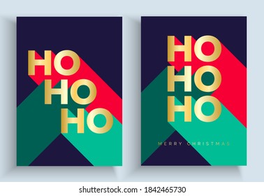 Set of Luxury Christmas Cards - Merry Christmas card set with luxury gold foil typography lettering. Greeting cards or invitation with 'HO HO HO' 'Merry Christmas' text. Christmas 2021