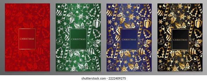 Set of luxury Christmas covers. Gold and silver festive symbols on a red, green, blue and black background. 