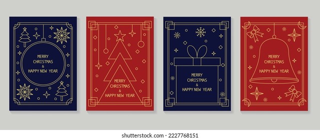 Set of luxury christmas and new year card art deco design vector. Bauble ball, gift, christmas tree gold line art on dark blue background. Design for cover, greeting card, print, poster, wallpaper.