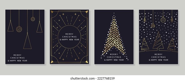 Set of luxury christmas and new year card art deco design vector. Elegant gradient gold line art of christmas tree, bauble on dark background. Design for cover, greeting card, print, post, website.