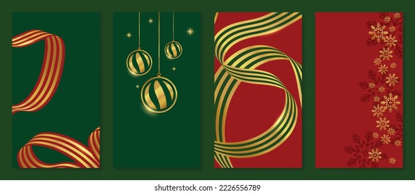 Set of luxury christmas template poster. Gradient golden christmas element of snowflake, bauble ball, sparkle, stripe ribbon. Design illustration for banner, card, social media, advertising, website.