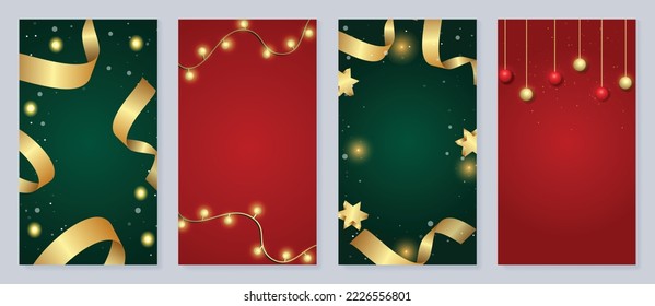 Set of luxury christmas template poster. Gradient golden christmas element of ribbon, glow light wire, star, hanging balls. Design illustration for banner, card, social media, advertising, website.