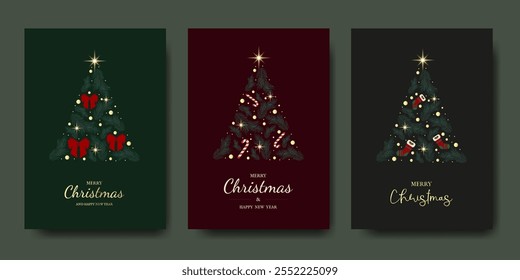 Conjunto de pôsteres luxuosos da árvore de Natal com fontes da moda. Ilustração vetorial. Coleção de Banners de férias para redes sociais, publicidade, cartões, web, marketing. Feliz Natal e Feliz Ano Novo.
