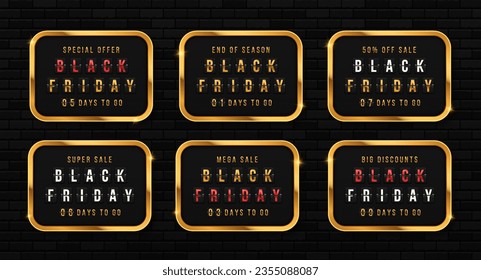 Set of luxury clock countdown displays. Golden shiny banners for discount. Days to do. Count time sale.
