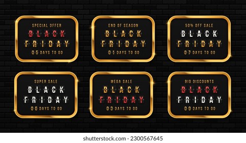 Set of luxury clocks countdown display. Golden shiny banner for discount. Countdown timer for Black Friday. Days to do. Count time sale.