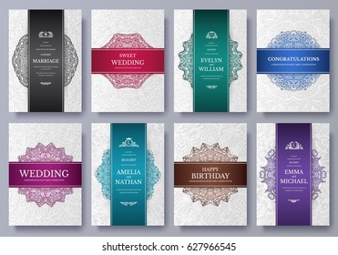 Set of Luxury colors artistic pages set with logo brochure template. Vintage art identity, floral, magazine. Traditional, Islam, Arabic, Indian. Decorative retro greeting card or invitation design