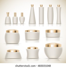 Set of Luxury cosmetic packaging collection with gold cap and blank space for your design isolated vector illustration