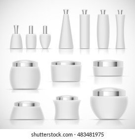 Set of Luxury cosmetic packaging collection with silver cap and blank space for your design isolated vector illustration