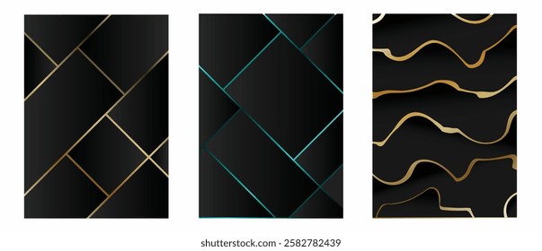 Set luxury cover vector design. Black and gold abstract background. Set of modern cover with gold line. 