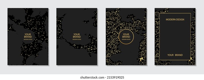 Un conjunto de lujosas colchas. Fondos negros emboscados, patrón de brillo. Grunge textura dorada. Colección de plantillas verticales para diseño, decoración. Lugar para el texto y la publicidad.
