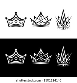 Set of Luxury crown icon vector on the black background. Monochrome crowns King and Princess. Vector illustration EPS.8 EPS.10