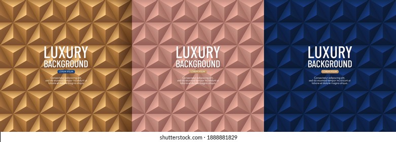 Set of luxury dark blue, pink gold and golden pyramid 3D pattern background. Abstract geometric texture collection design. Vector illustration