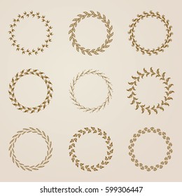 Set of luxury decorative hand drawn elements, border, frame, golden labels, emblems, medals, stickers, monograms, laurel wreaths. Page decoration, floral elements. Vector illustration in vintage style