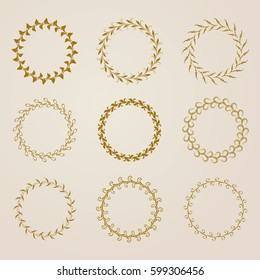 Set of luxury decorative hand drawn elements, border, frame, golden labels, emblems, medals, stickers, monograms, laurel wreaths. Page decoration, floral elements. Vector illustration in vintage style
