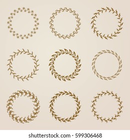 Set of luxury decorative hand drawn elements, border, frame, golden labels, emblems, medals, stickers, monograms, laurel wreaths. Page decoration, floral elements. Vector illustration in vintage style