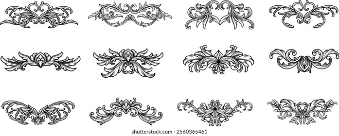 Set of Luxury decorative vector elements. Rococo and baroque border frame ornament, Classical arabesque luxury royal art deco, decoration design. Victorian black line art, swirl flourish engraving.