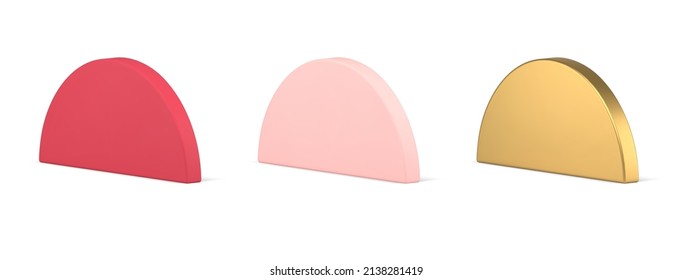 Set luxury diagonal placed metallic glossy basic display foundation semicircle arch 3d template vector illustration. Collection realistic circle minimalist shape stage podium exhibition presentation