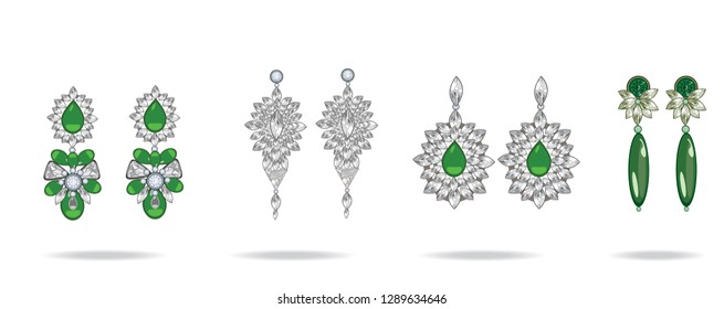 Set of luxury earrings with green gemstones. Emerald. Vector illustration.