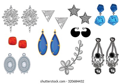 set of luxury earrings on white background