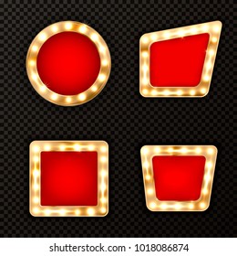 Set of luxury elegant golden frames with shiny glowing gold lamps and red velvet,vector illustration.Decorative elements for win in casino,poker,slots,roulette or circus,cabaret show poster sign