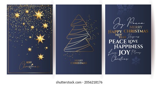 set of Luxury Elegant Merry Christmas and happy new year Poster Template cards, Gold Snowflakes and balls on blue background. Vector illustration. Snowflake frame and sparkles. Gold christmas balls.