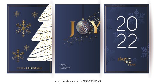 conjunto de lujo Elegant Merry Christmas y feliz año nuevo Poster Template card cards, Copos de nieve dorados y bolas sobre fondo azul. Ilustración vectorial. Marco de copo de nieve y destellos. Bolas de navidad de oro.