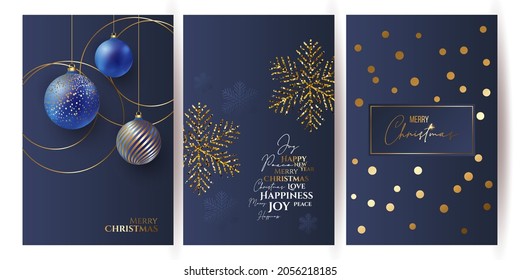 set of Luxury Elegant Merry Christmas and happy new year Poster Template cards, Gold Snowflakes and balls on blue background. Vector illustration. Snowflake frame and sparkles. Gold christmas balls.