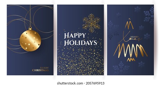 set of Luxury Elegant Merry Christmas and happy new year Poster Template cards, Gold Snowflakes and balls on blue background. Vector illustration. Snowflake frame and sparkles. Gold christmas balls.