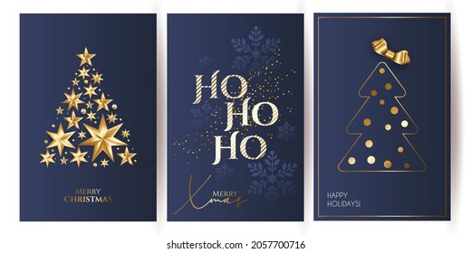 set of Luxury Elegant Merry Christmas and happy new year Poster Template cards, Gold Snowflakes and balls on blue background. Vector illustration. Snowflake frame and sparkles. Gold christmas balls.